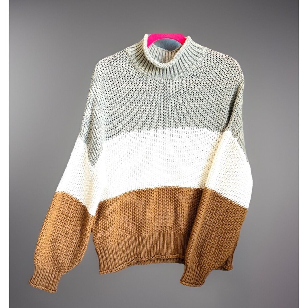 oversized chunky knit colorblock sweater mock neck neutral cozy boho pullover